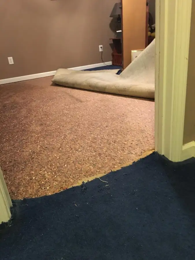 Carpet pad removal revealing water damage during Water Mitigation Services in West Linn